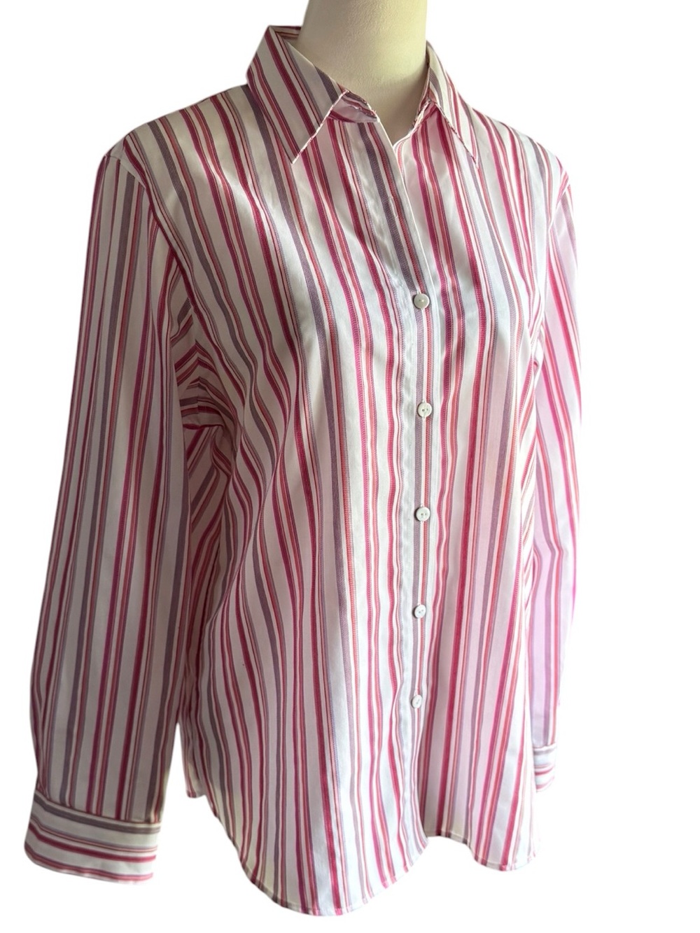 Orvis Women's Pink and Gray Stripes on White Button-Down Shirt NO IRON